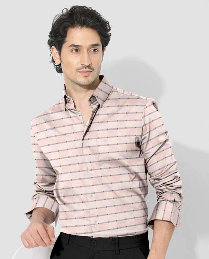 Crystal Pink with Antique White and Cameo Brown Multicolored Jacquard Checks Egyptian Giza Cotton Shirt