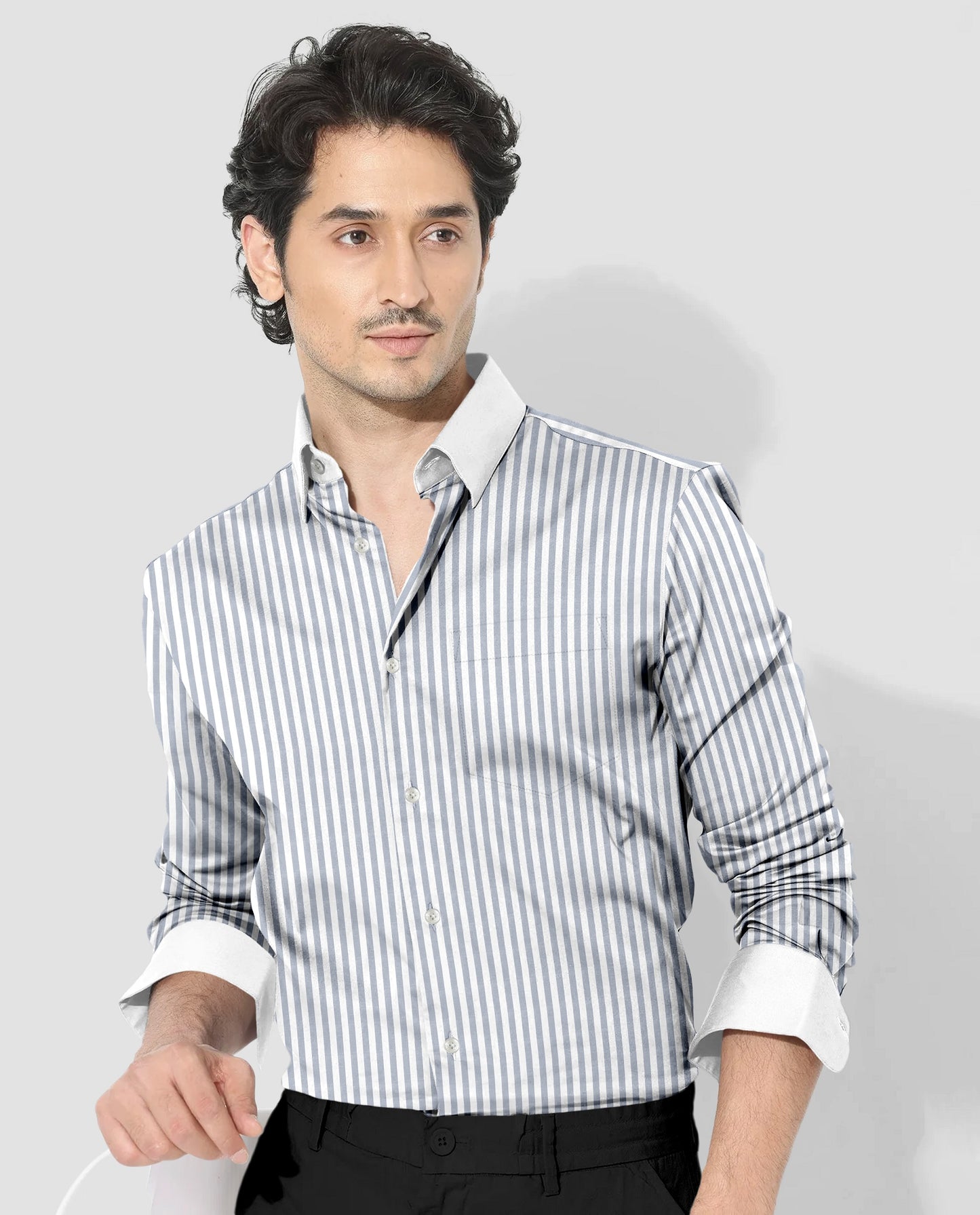 White and Silver Gray Candy Stripes Designer Cotton Shirt