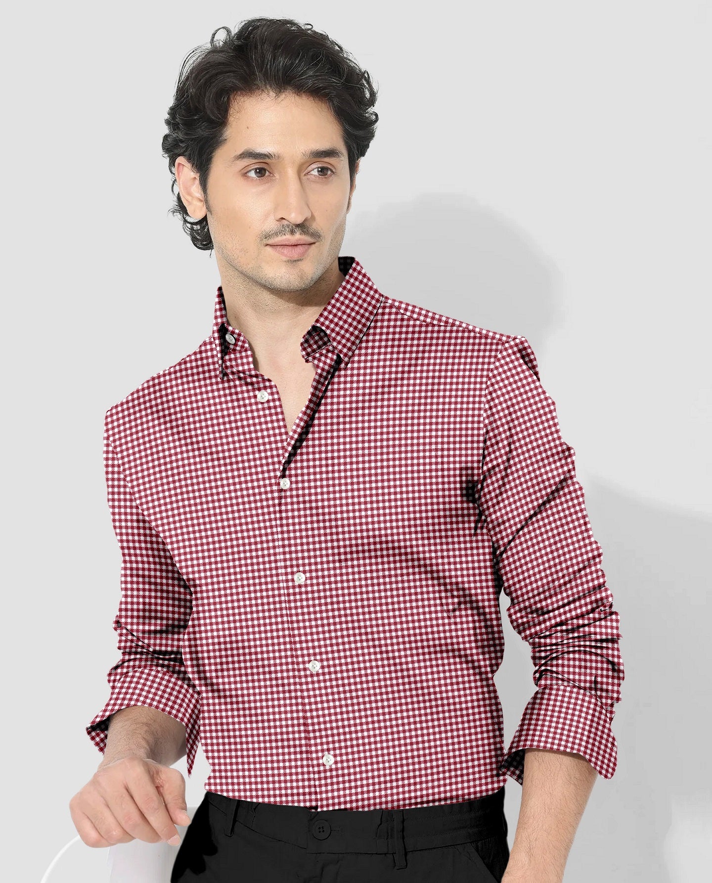 White and Maroon Gingham Checks Cotton Shirt