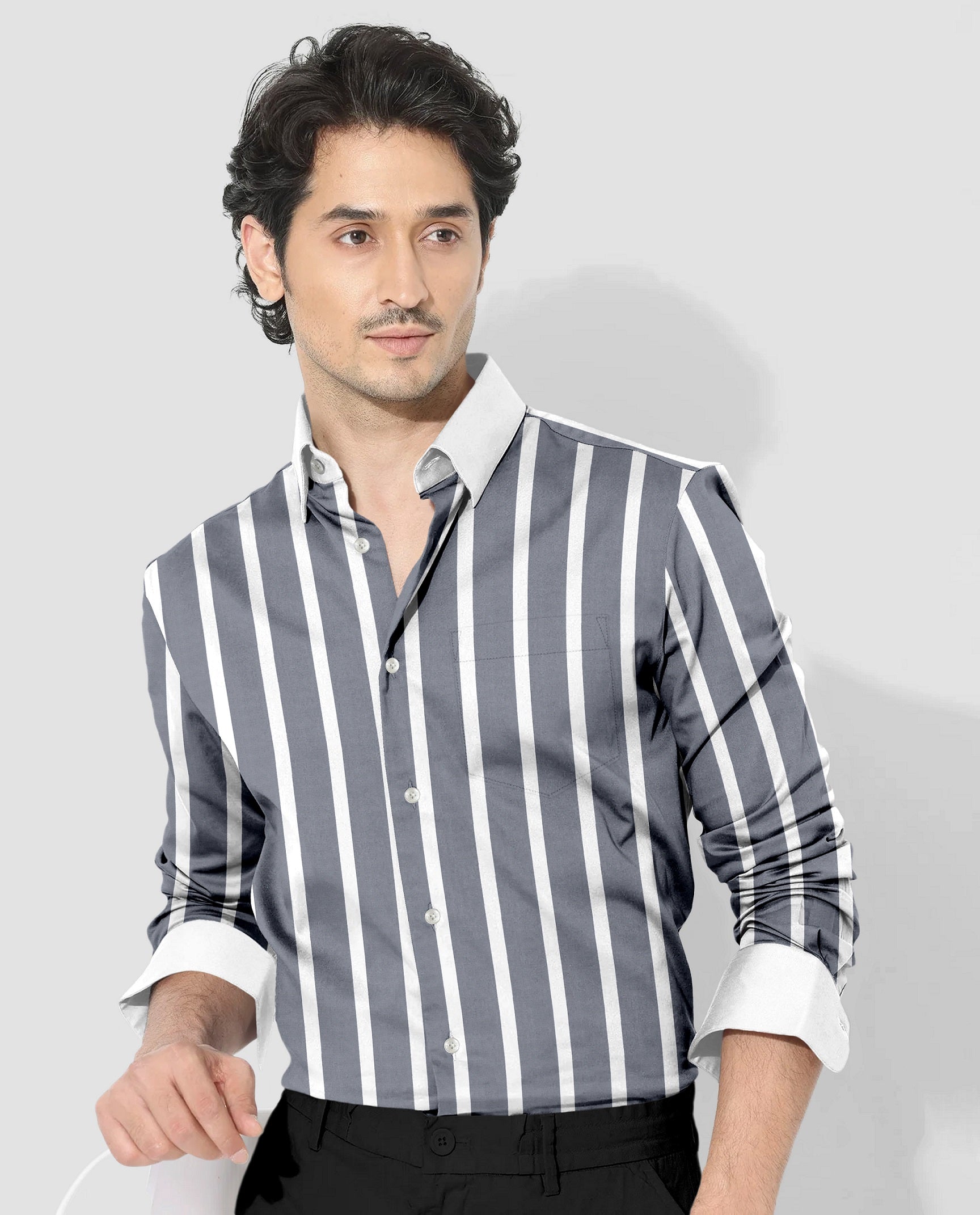Mirage Gray and White Wide Chalk Stripes Designer Cotton Shirt
