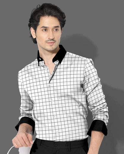 Milk White and Black Checks Designer Cotton Shirt