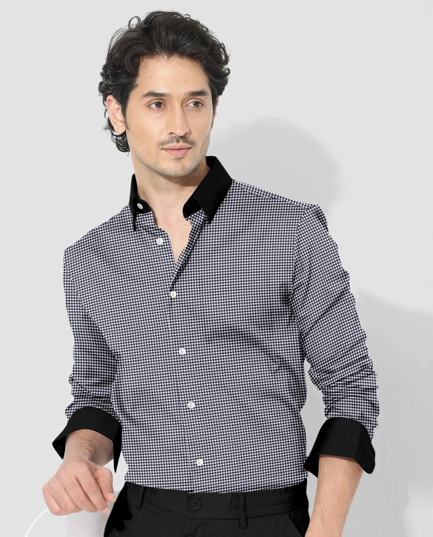 Jet Black and White Hounds Tooth Checks Designer Cotton Shirt