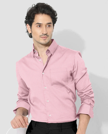 White and Petal Pink Hounds Tooth Checks Cotton Shirt