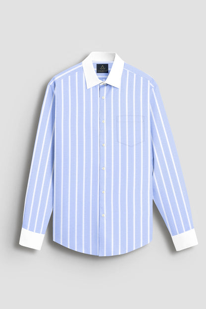 Brunnera Blue and Flash White Chalk Stripes Designer Oxford Cotton Shirt