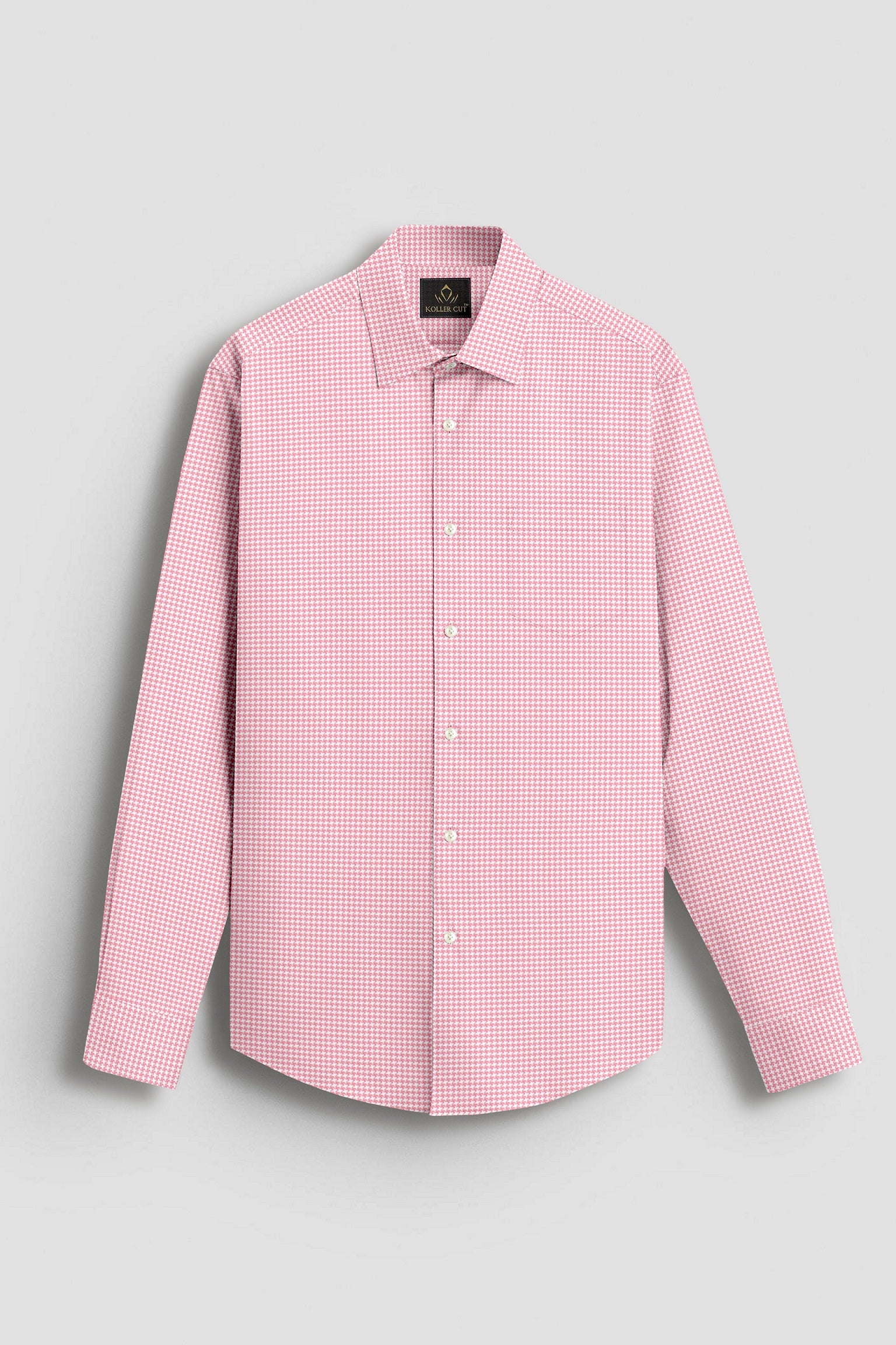 White and Petal Pink Hounds Tooth Checks Cotton Shirt