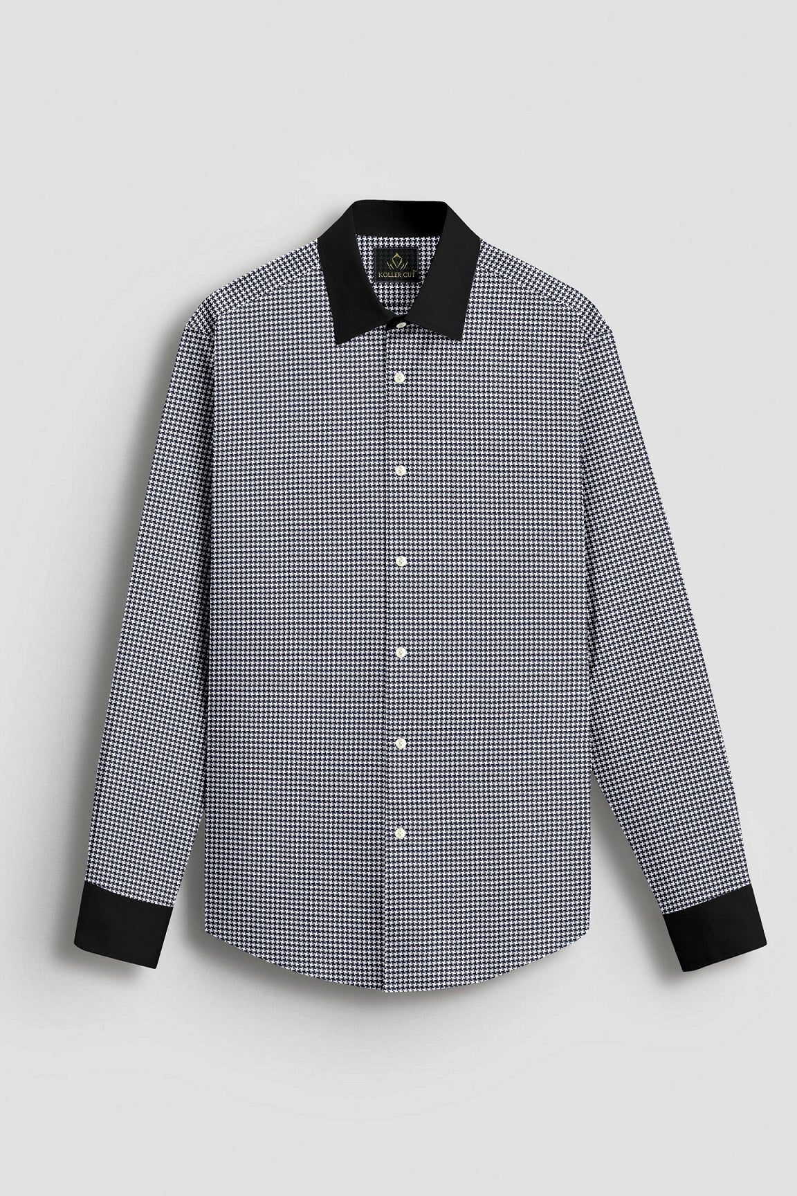 Jet Black and White Hounds Tooth Checks Designer Cotton Shirt