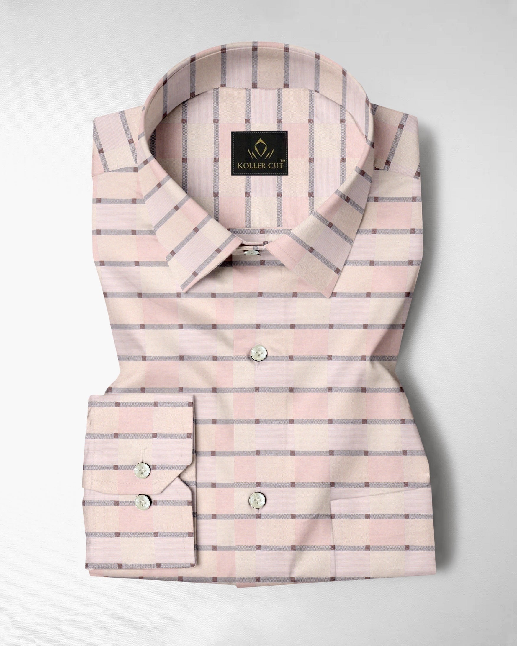 Crystal Pink with Antique White and Cameo Brown Multicolored Jacquard Checks Egyptian Giza Cotton Shirt