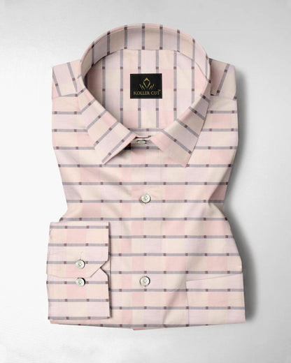 Crystal Pink with Antique White and Cameo Brown Multicolored Jacquard Checks Egyptian Giza Cotton Shirt