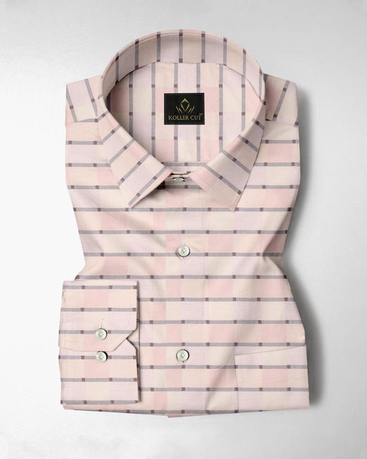 Crystal Pink with Antique White and Cameo Brown Multicolored Jacquard Checks Egyptian Giza Cotton Shirt