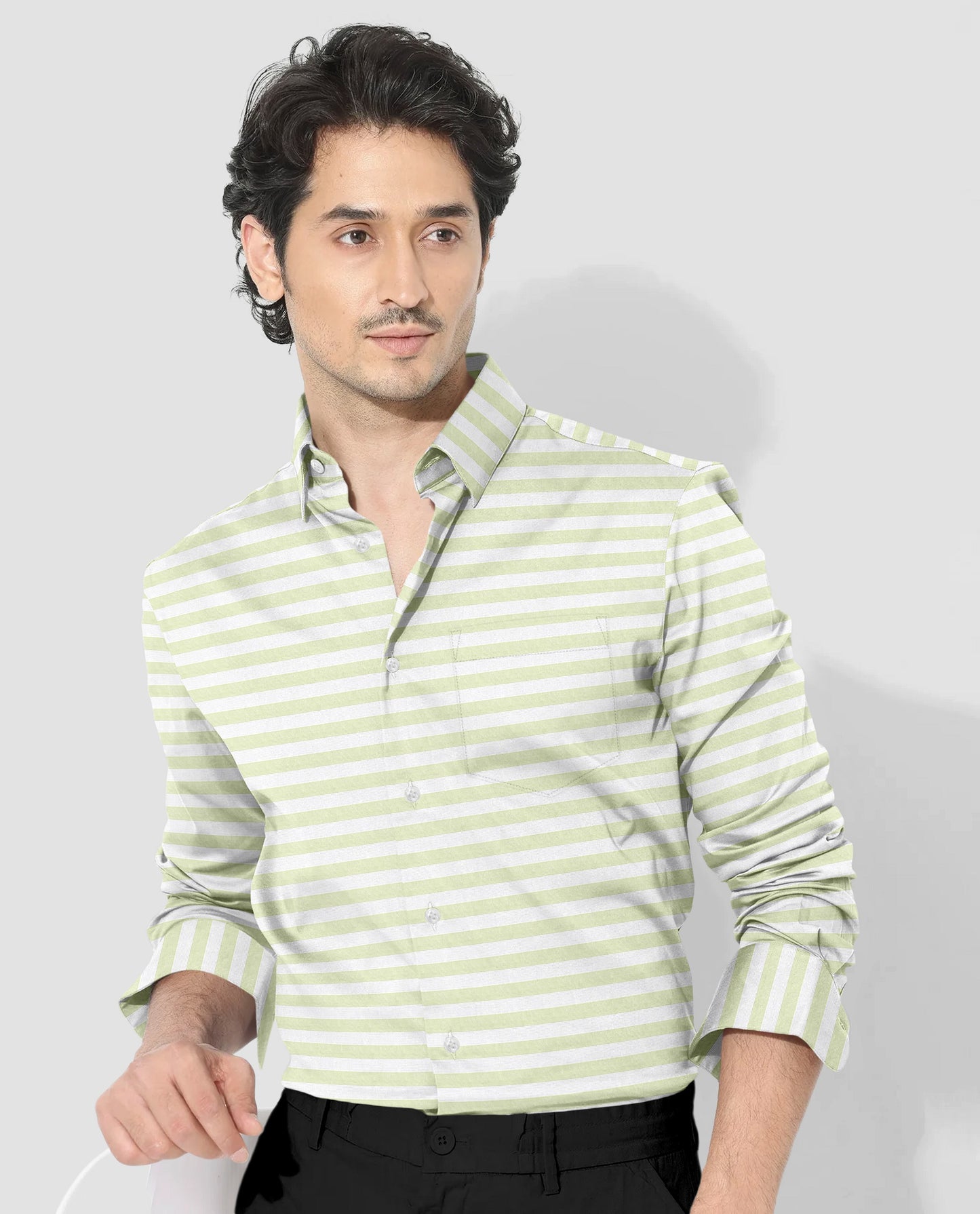 White with Lime Green Stripes Premium Cotton Shirt-Plus size shirts in India