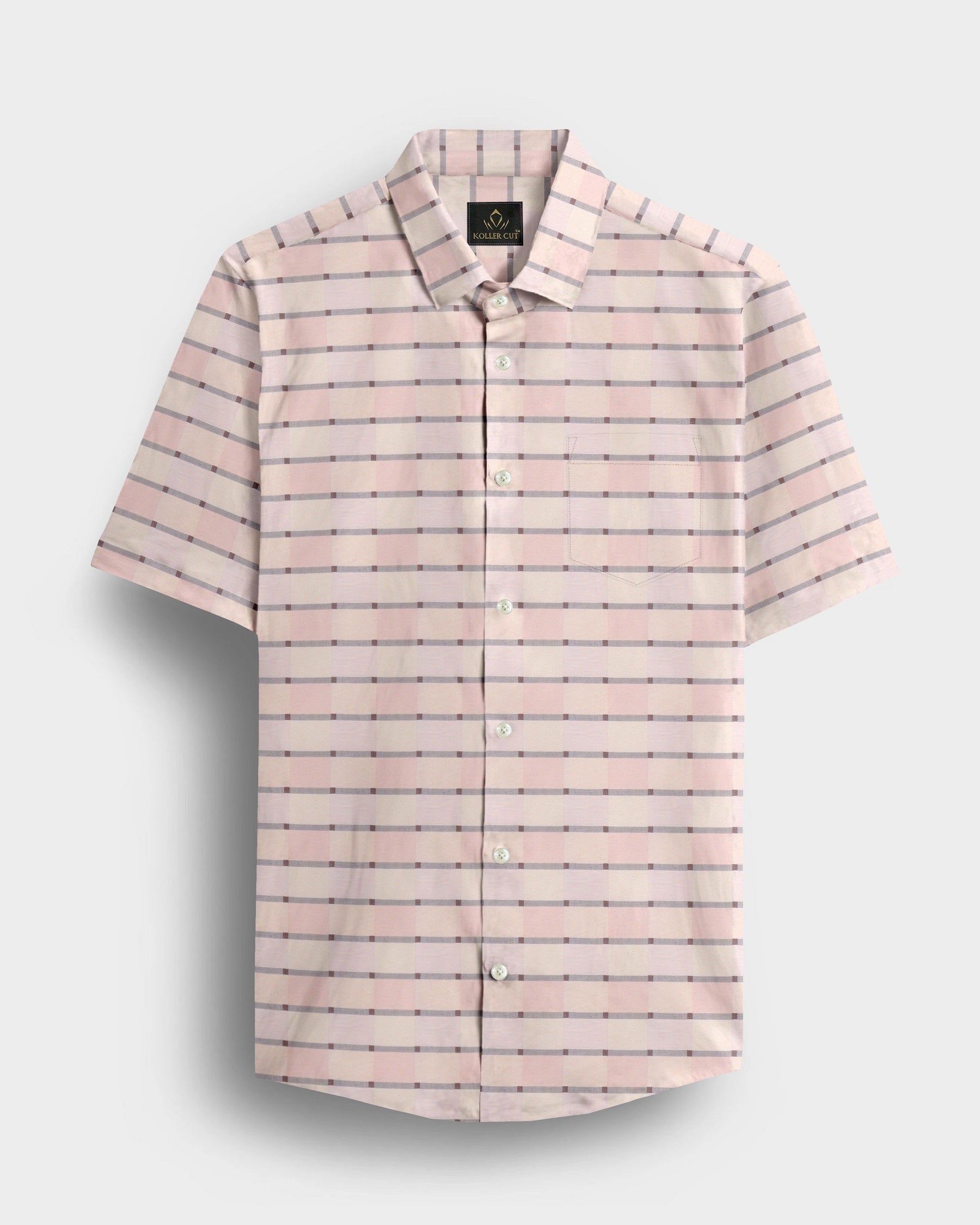 Crystal Pink with Antique White and Cameo Brown Multicolored Jacquard Checks Egyptian Giza Cotton Shirt