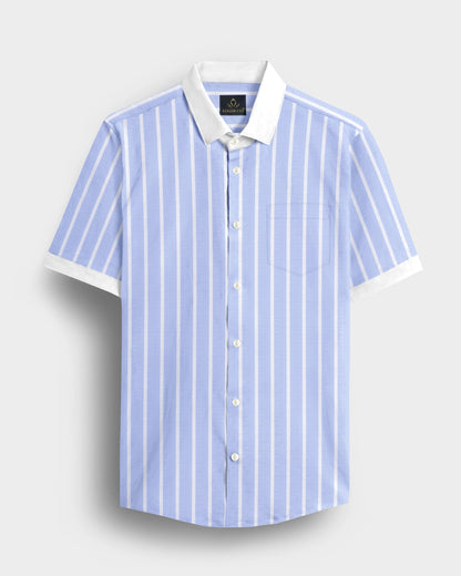 Brunnera Blue and Flash White Chalk Stripes Designer Oxford Cotton Shirt