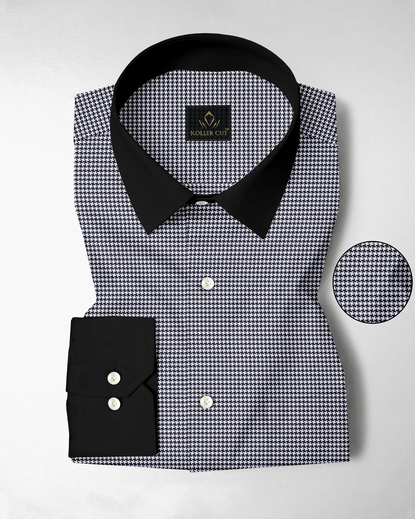 Jet Black and White Hounds Tooth Checks Designer Cotton Shirt