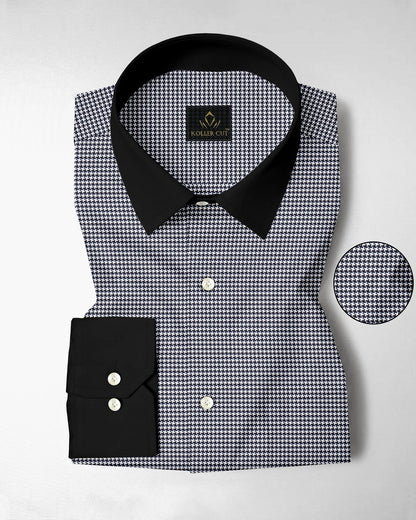 Jet Black and White Hounds Tooth Checks Designer Cotton Shirt