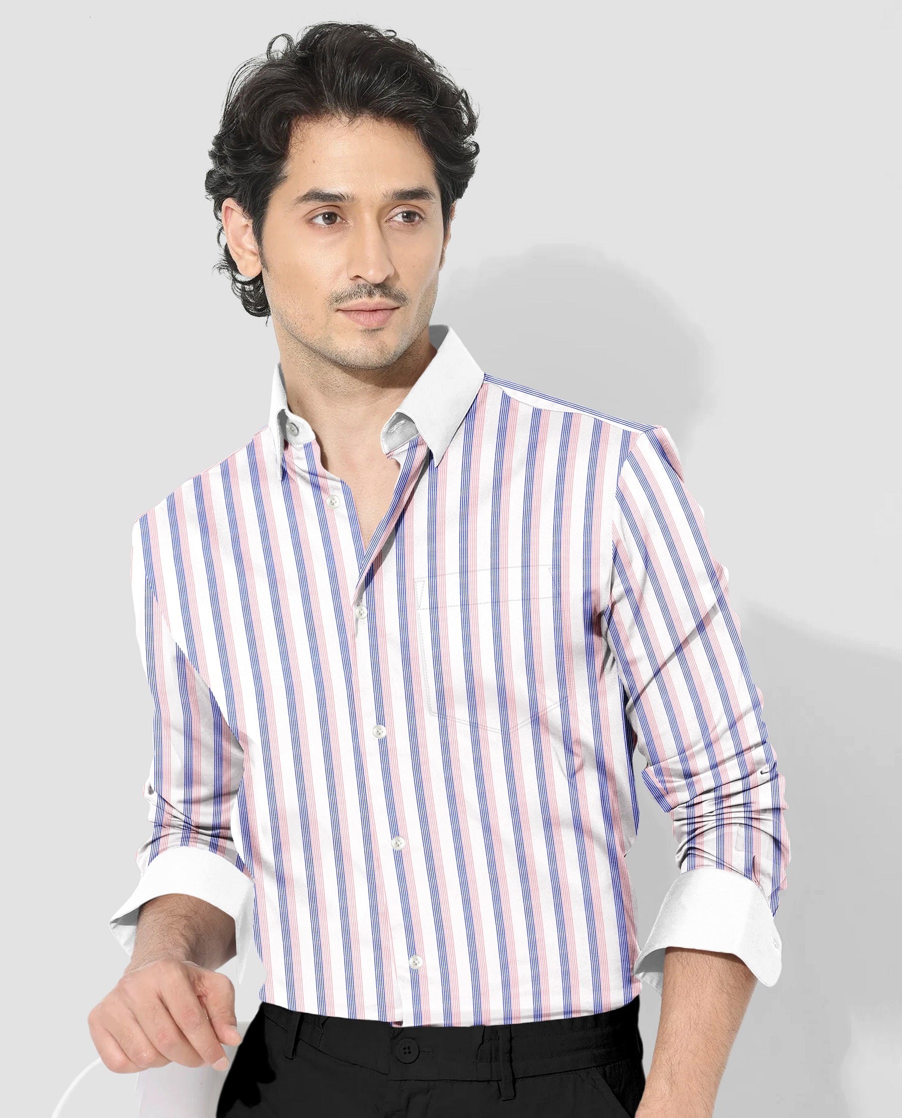 White with Coral Pink and Limoges Blue Pinstripes Designer Cotton Shirt