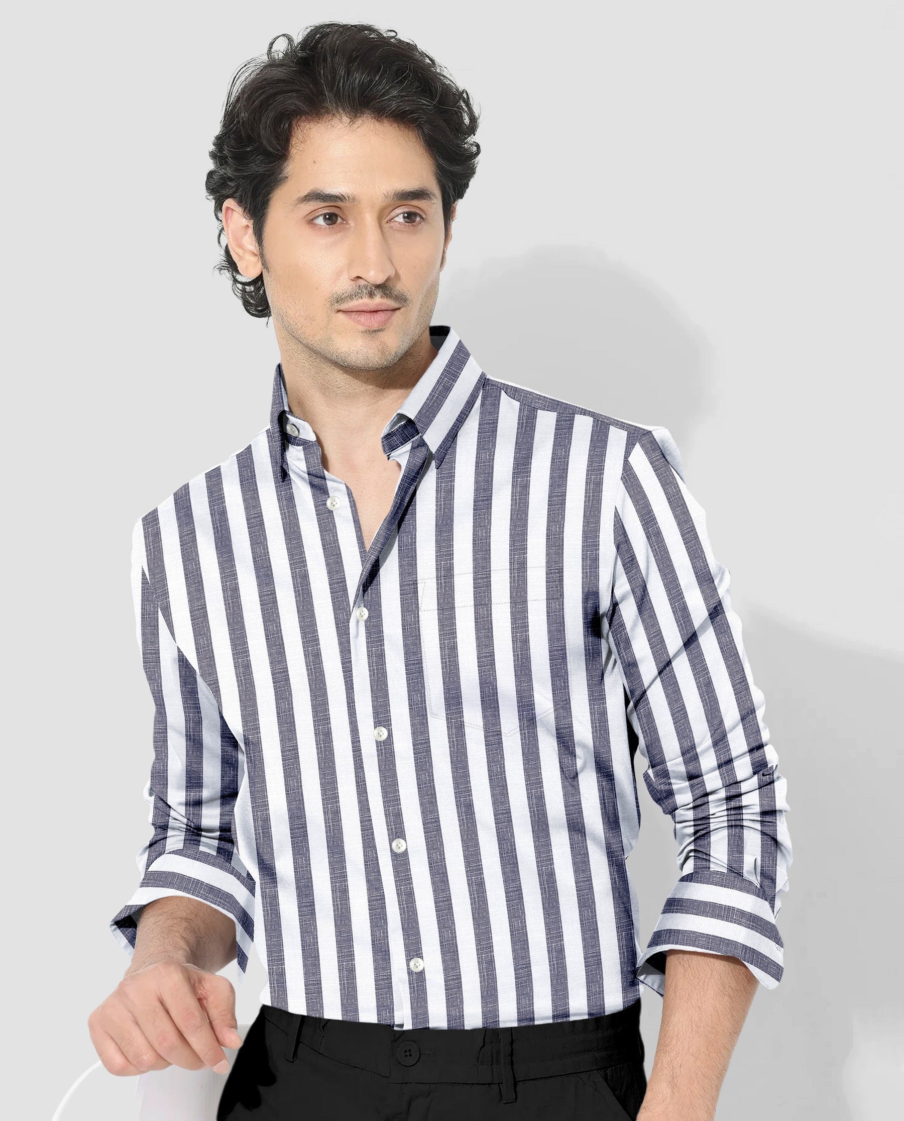 Porpoise Grey and Smoke White Awning Stripes Cotton Linen Shirt