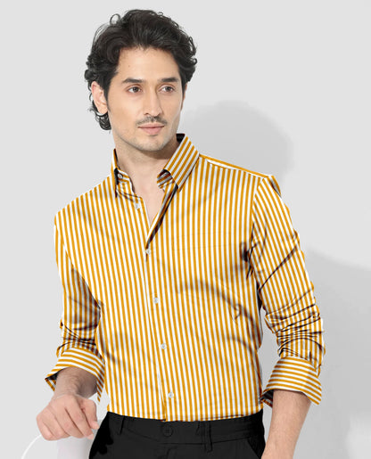 White and Mustard Yellow Candy Stripes Cotton Shirt