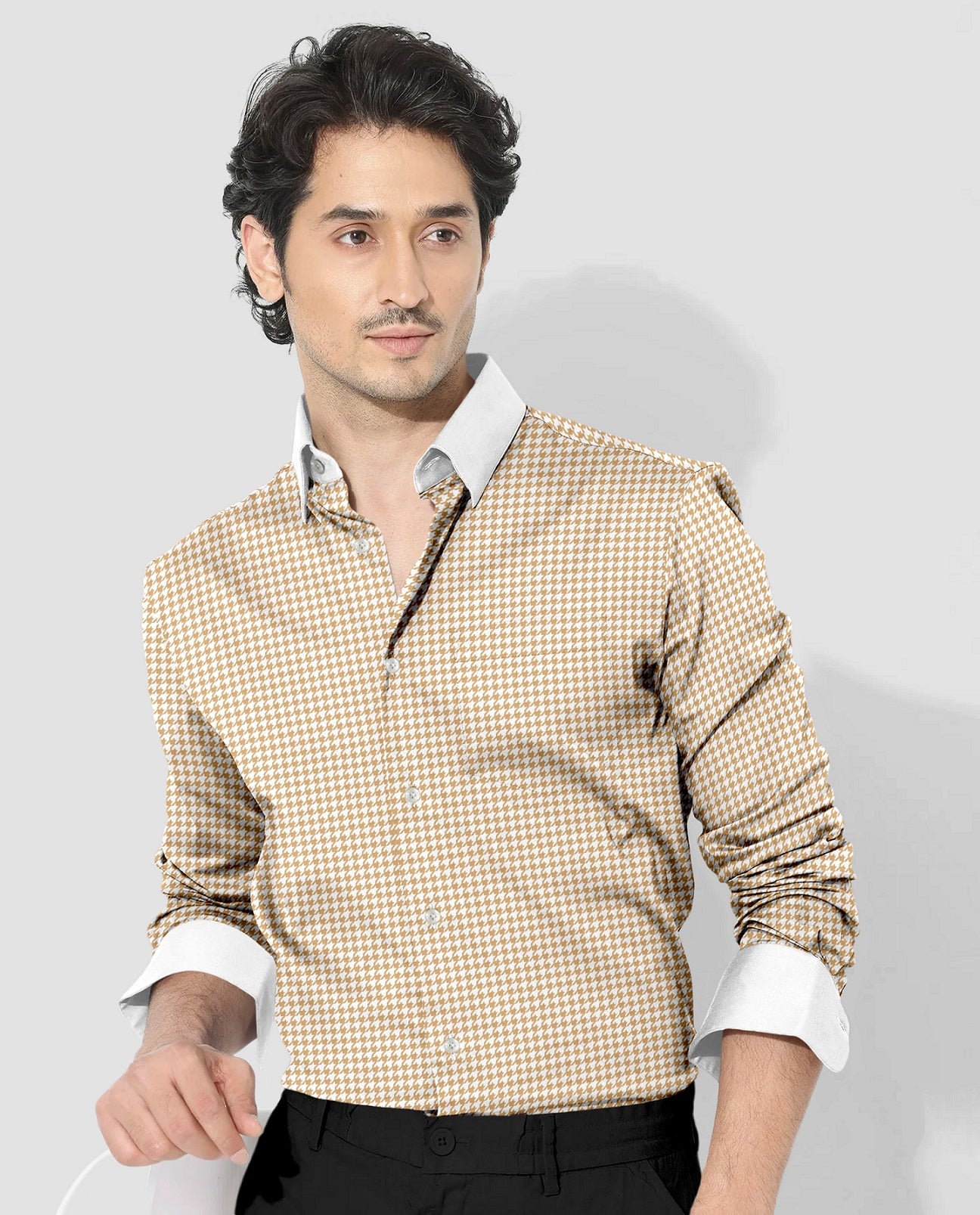 White With Latte Brown Hounds Tooth Checks Designer Cotton Shirt