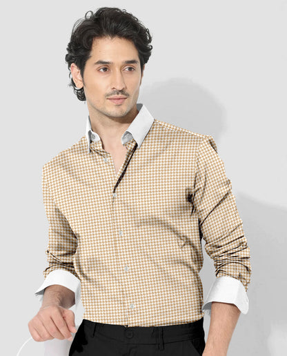 White With Latte Brown Hounds Tooth Checks Designer Cotton Shirt