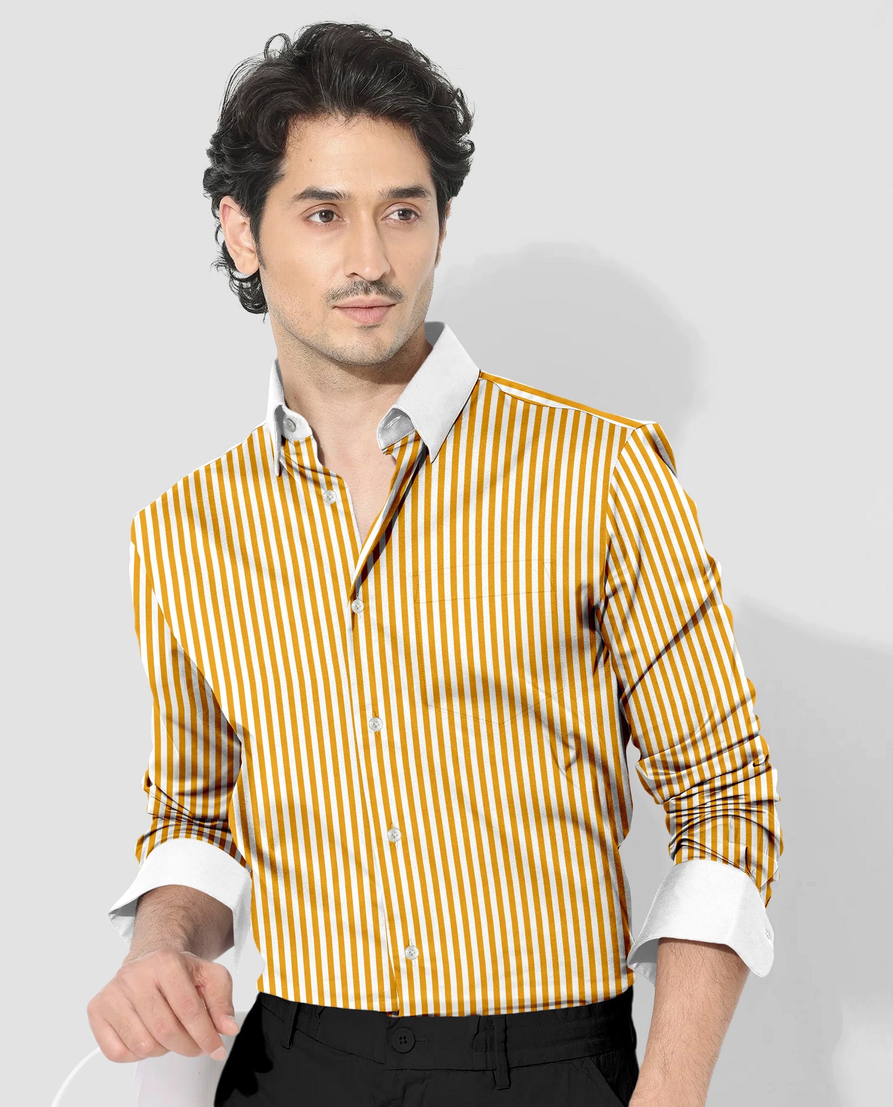 White and Mustard Yellow Candy Stripes Designer Cotton Shirt