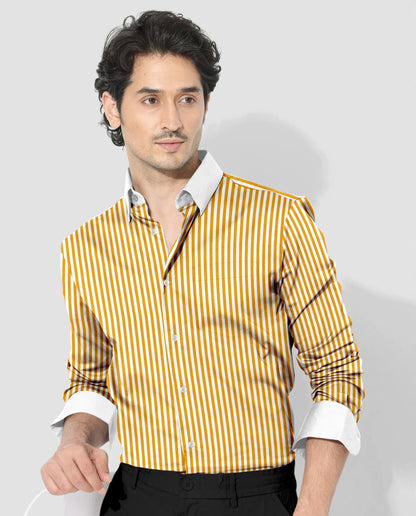 White and Mustard Yellow Candy Stripes Designer Cotton Shirt