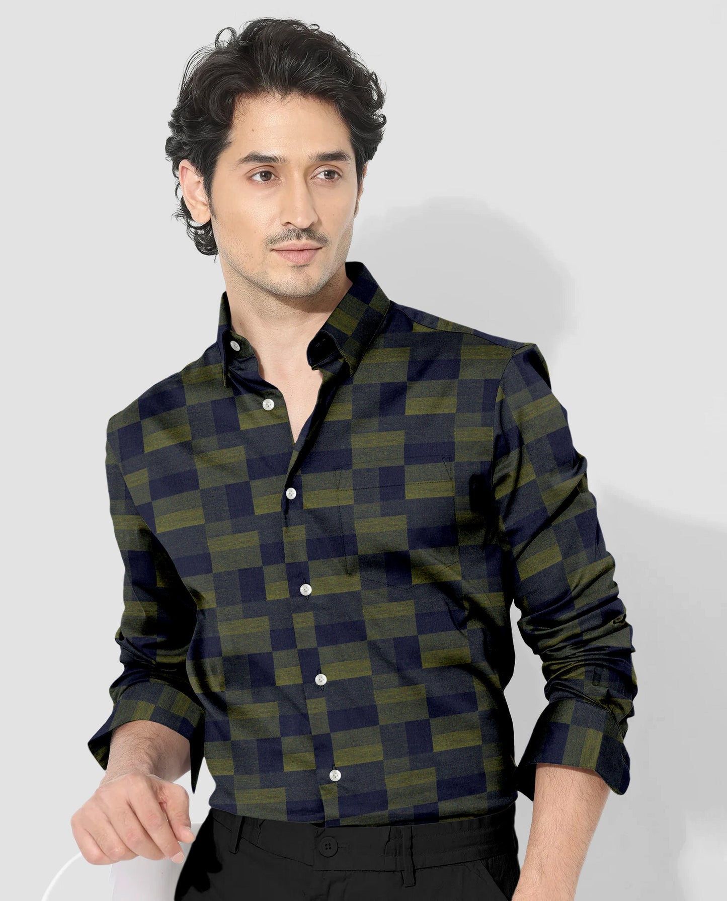 Cactus Green with Military Green and Moonlit Blue Rectangle Jacquard Checks Premium Egyptian Giza Cotton Shirt