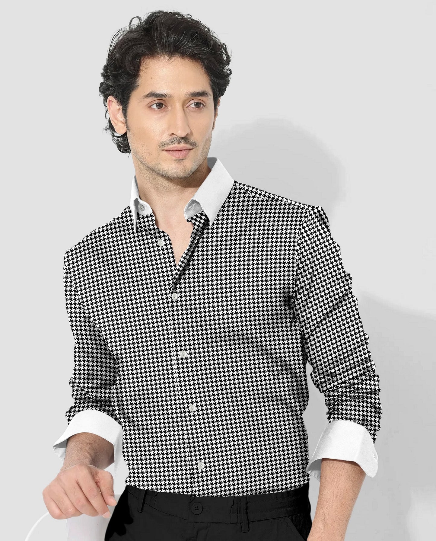 White and Jet Black Hounds Tooth Checks Designer Cotton Shirt  
