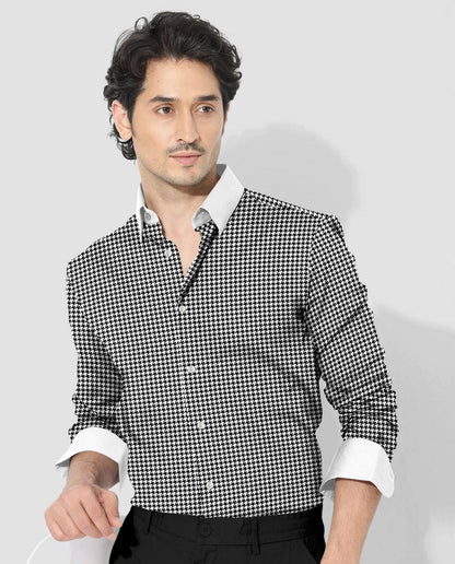 White and Jet Black Hounds Tooth Checks Designer Cotton Shirt  