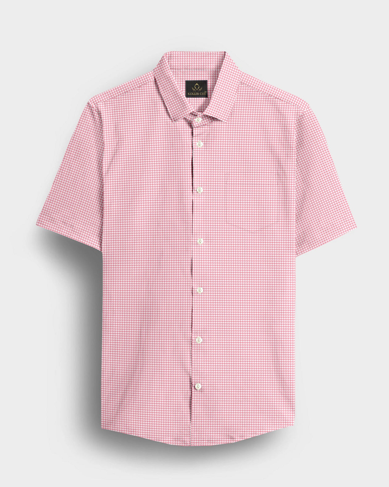 White and Petal Pink Hounds Tooth Checks Cotton Shirt