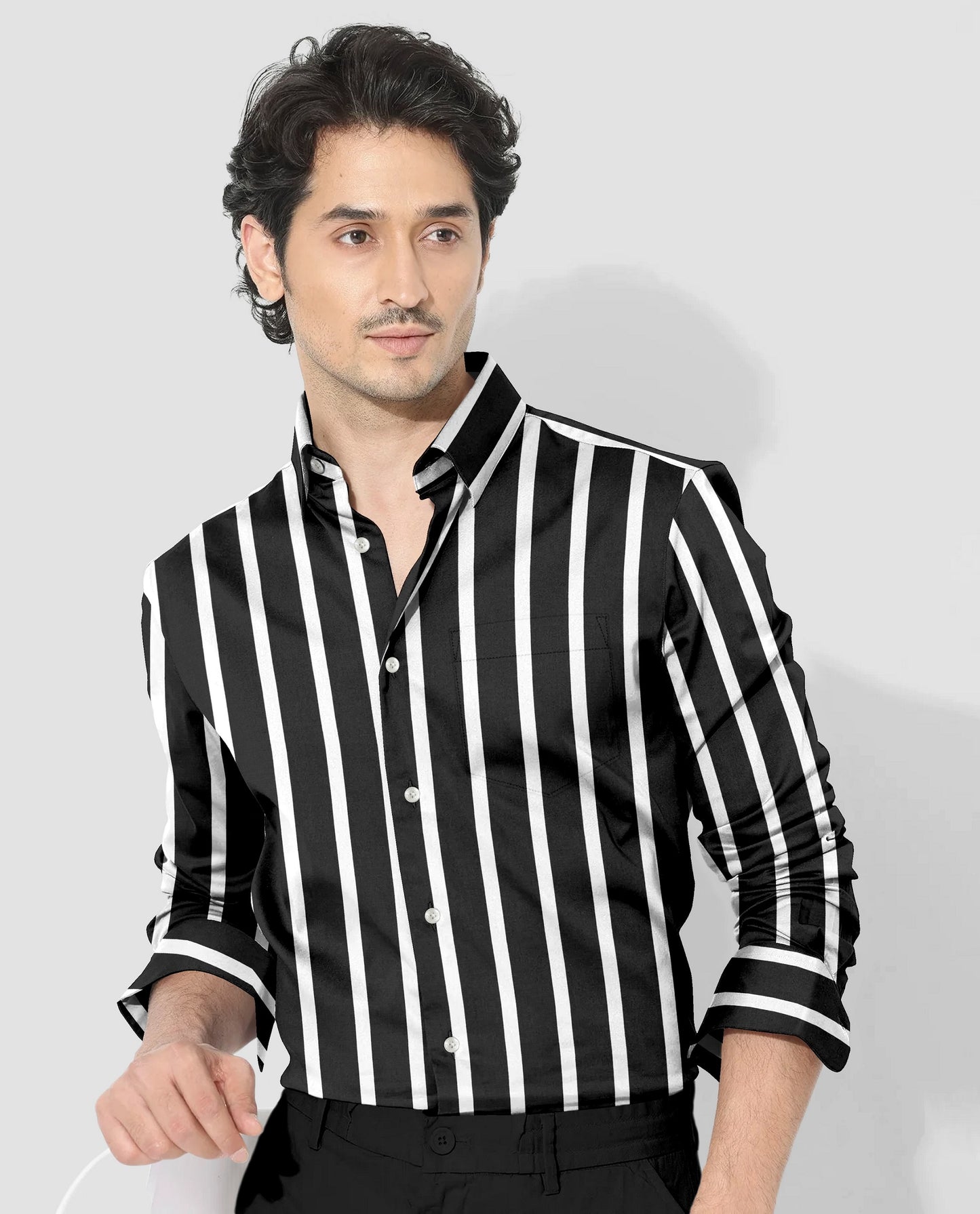Jade Black and White Wide Chalk Stripes Cotton Shirt