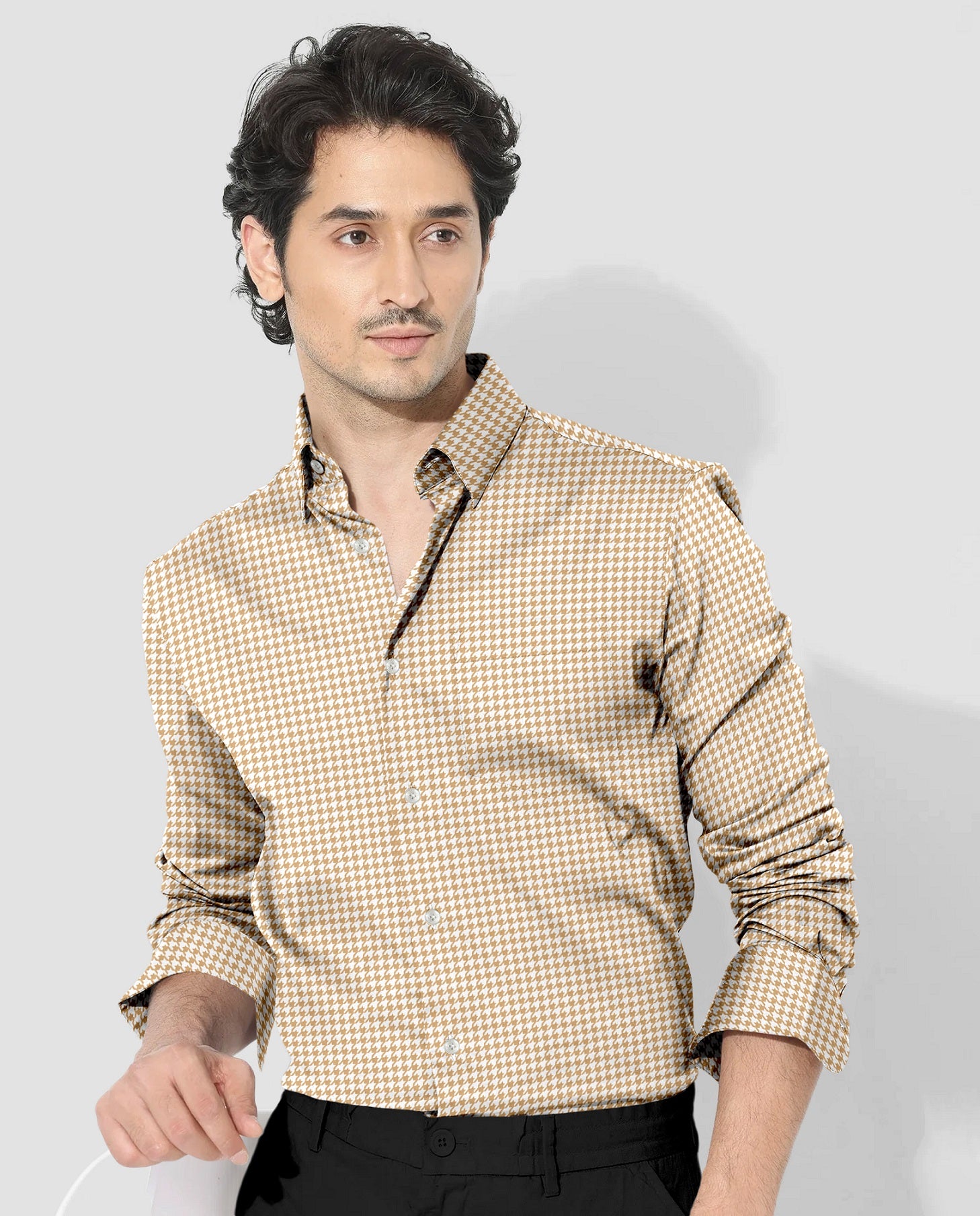 White With Latte Brown Hounds Tooth Checks Cotton Shirt