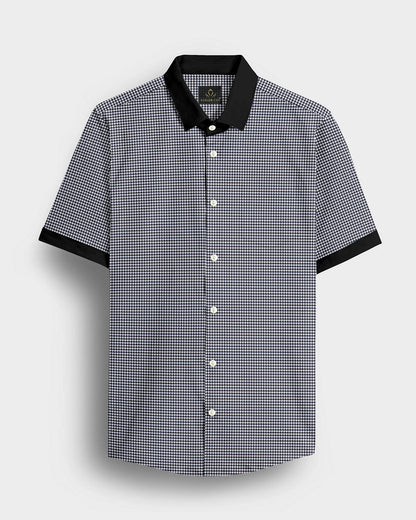 Jet Black and White Hounds Tooth Checks Designer Cotton Shirt