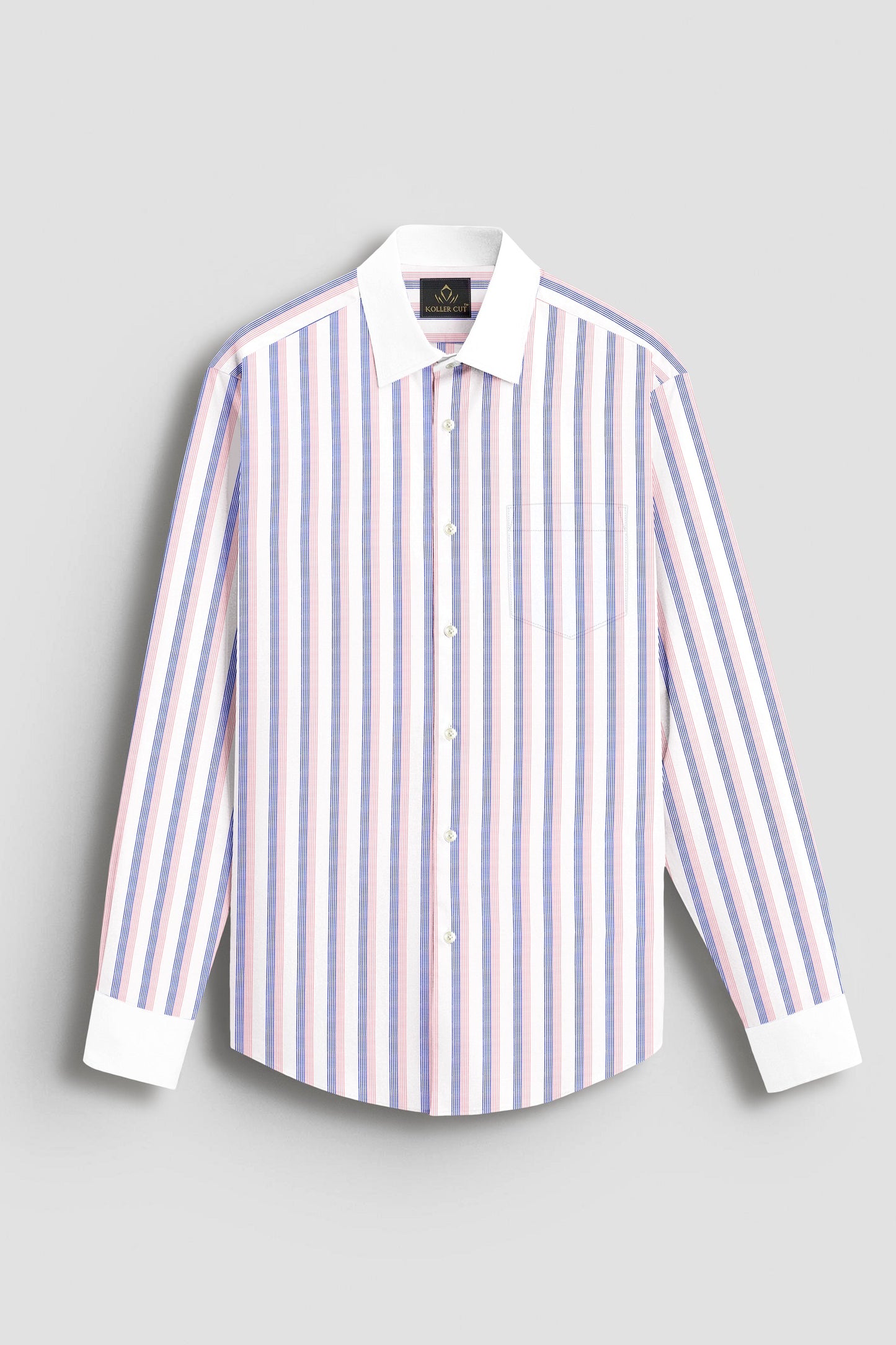 White with Coral Pink and Limoges Blue Pinstripes Designer Cotton Shirt