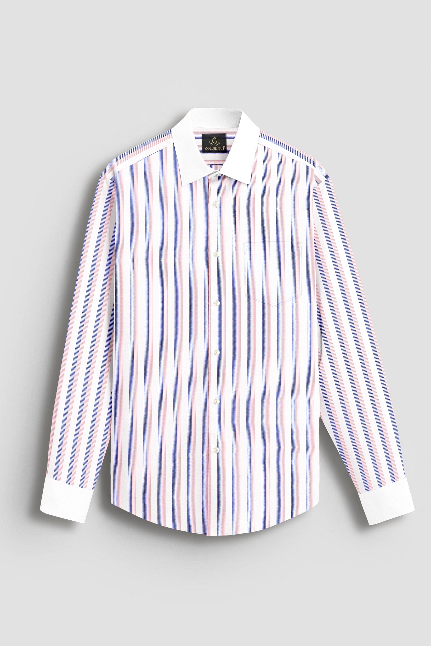 White with Coral Pink and Limoges Blue Pinstripes Designer Cotton Shirt