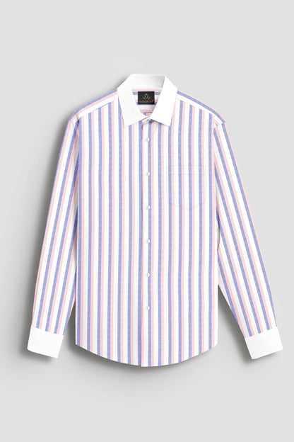 White with Coral Pink and Limoges Blue Pinstripes Designer Cotton Shirt