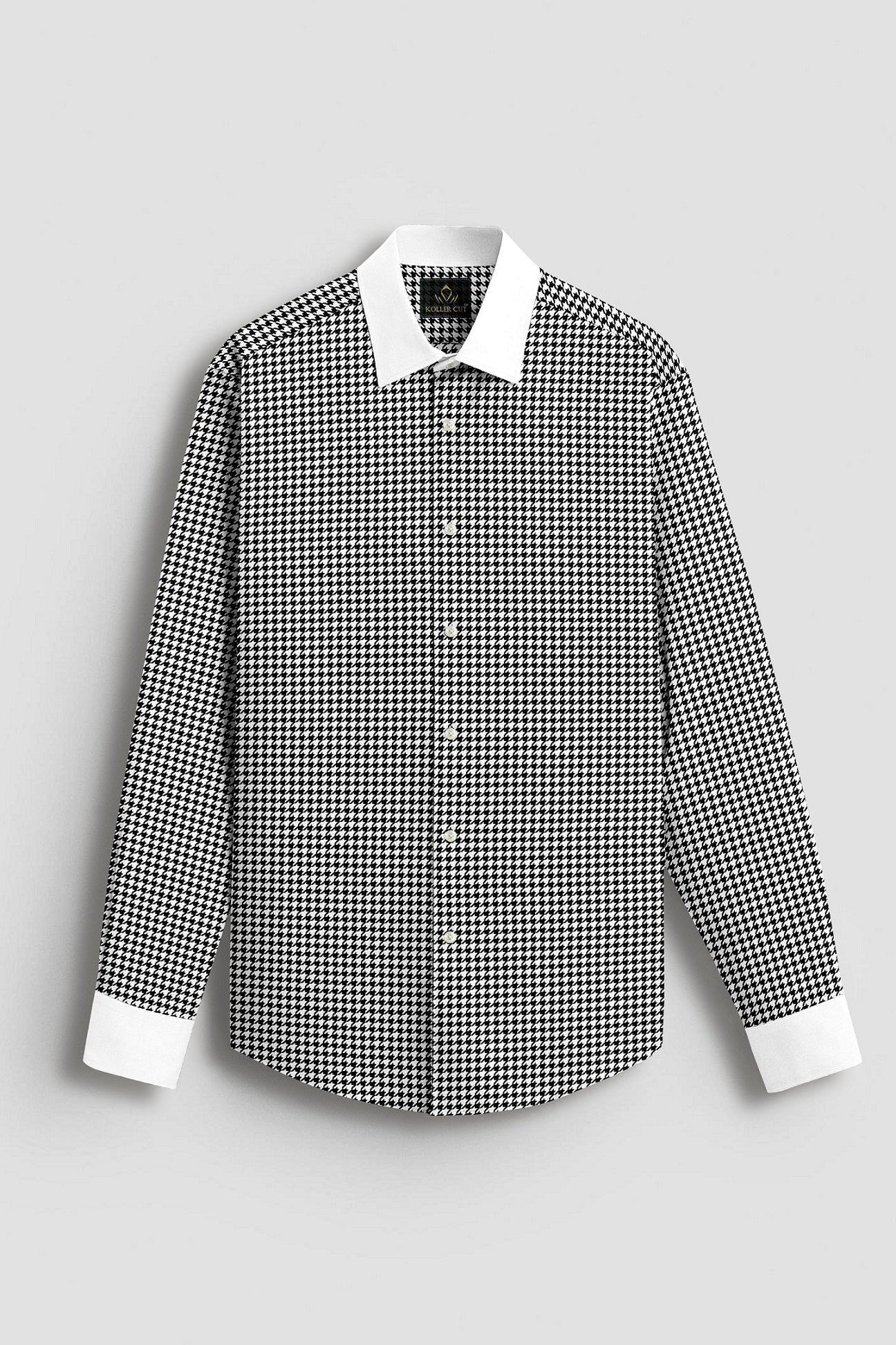 White and Jet Black Hounds Tooth Checks Designer Cotton Shirt  