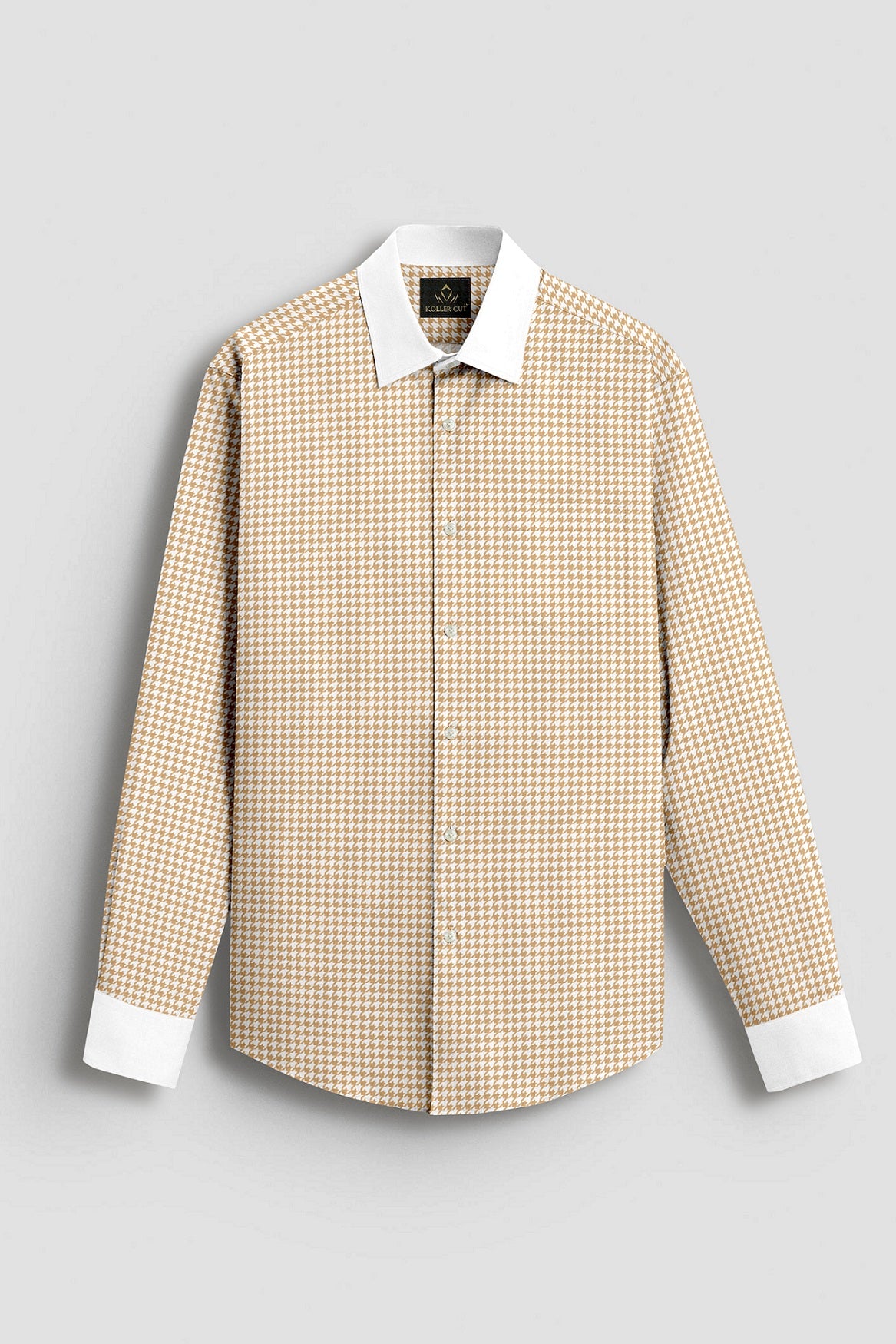 White With Latte Brown Hounds Tooth Checks Designer Cotton Shirt
