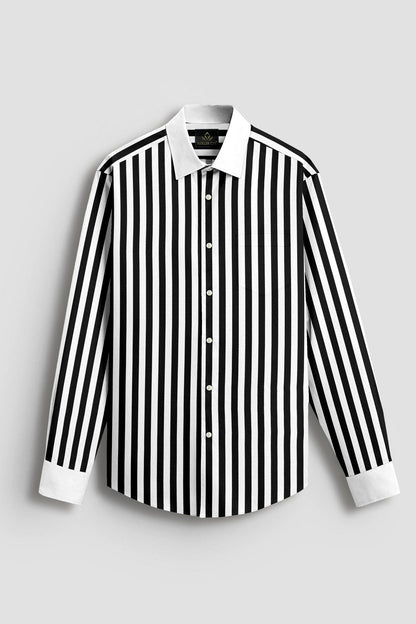 Jet Black and Bright White Chalk Stripes with White Cuff and Collar Designer Cotton Shirt