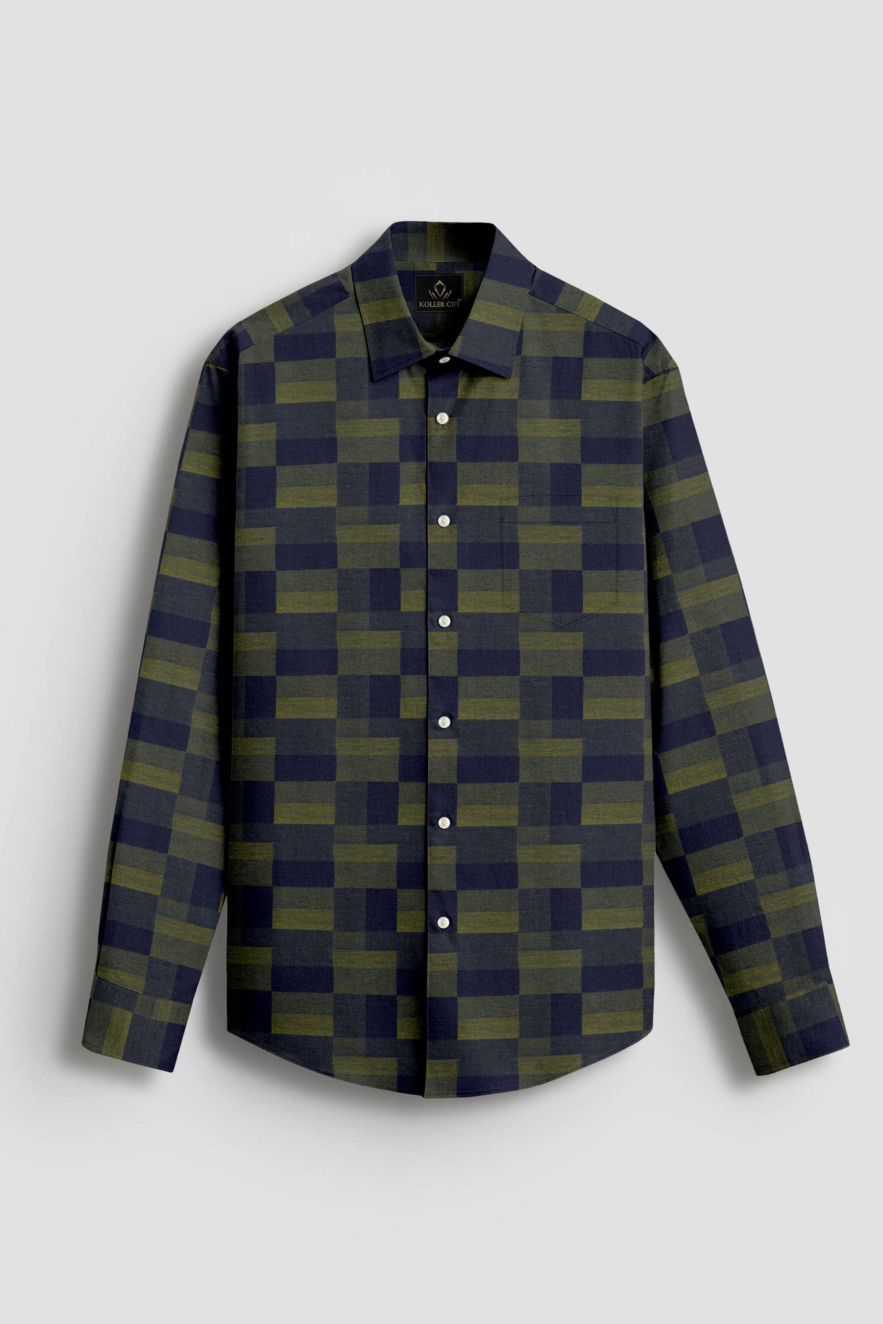 Cactus Green with Military Green and Moonlit Blue Rectangle Jacquard Checks Premium Egyptian Giza Cotton Shirt