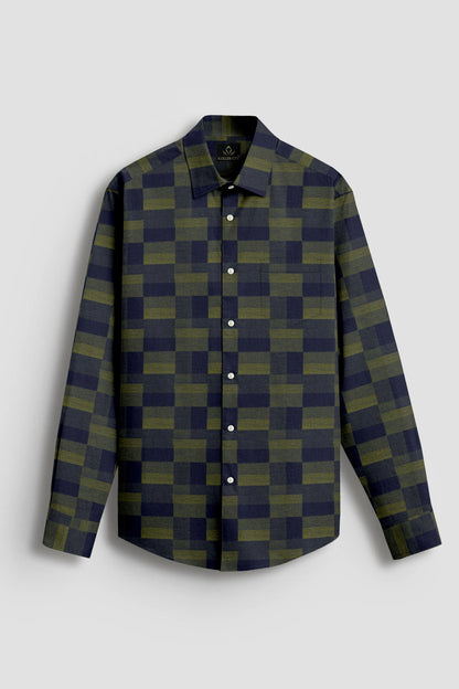 Cactus Green with Military Green and Moonlit Blue Rectangle Jacquard Checks Premium Egyptian Giza Cotton Shirt