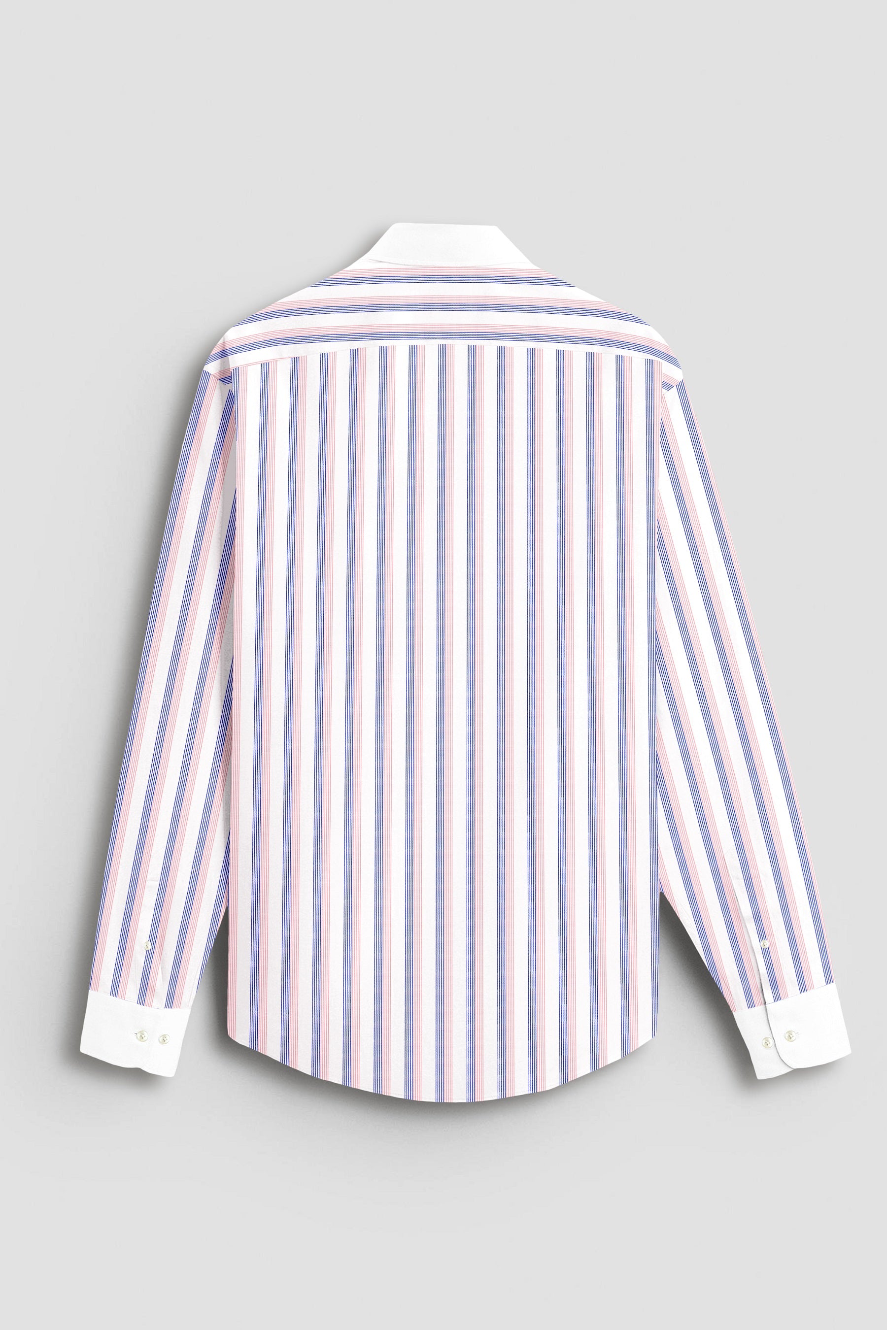 White with Coral Pink and Limoges Blue Pinstripes Designer Cotton Shirt