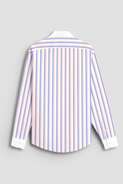 White with Coral Pink and Limoges Blue Pinstripes Designer Cotton Shirt