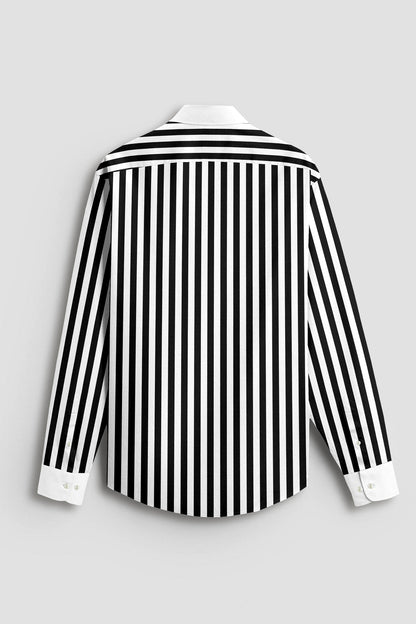 Jet Black and Bright White Chalk Stripes with White Cuff and Collar Designer Cotton Shirt