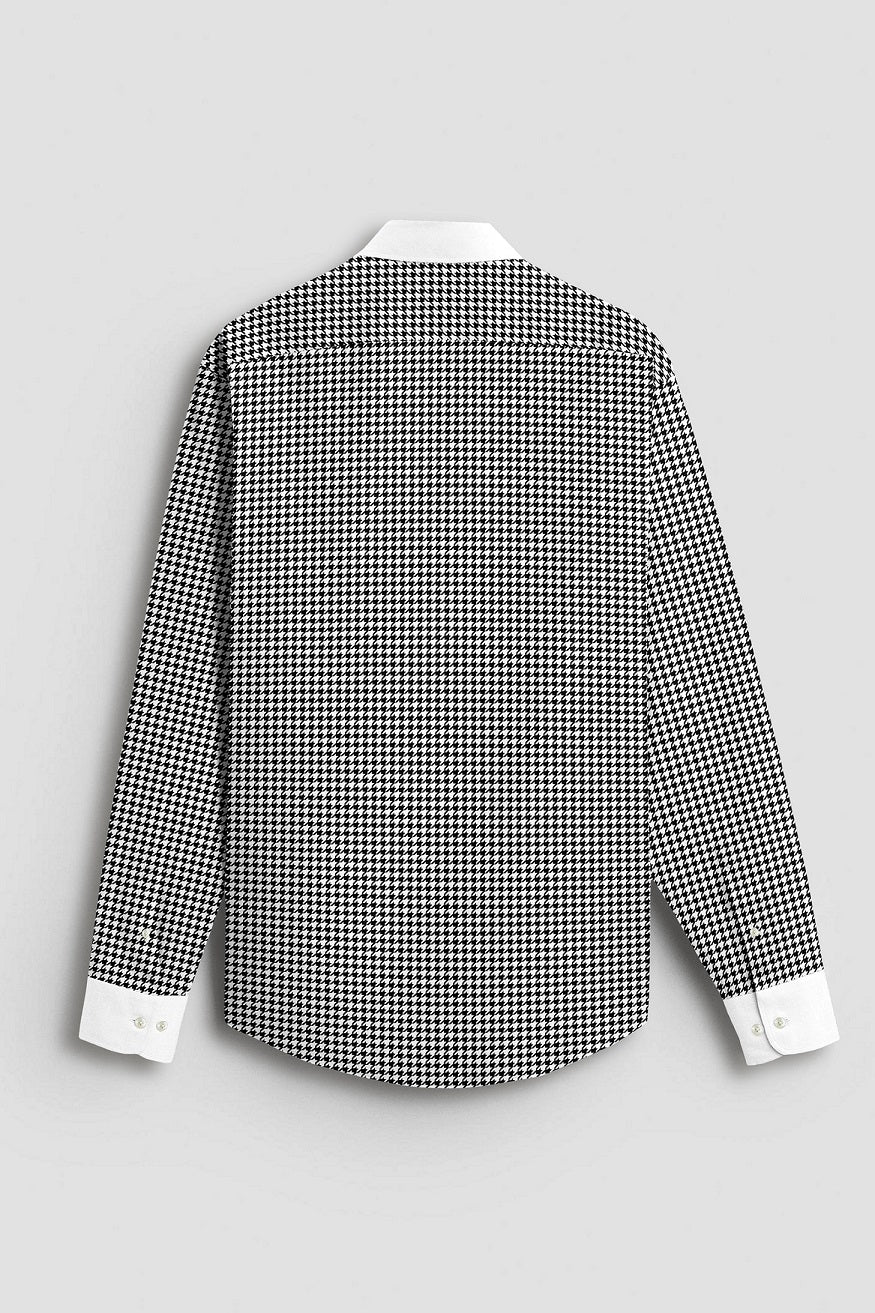 White and Jet Black Hounds Tooth Checks Designer Cotton Shirt  