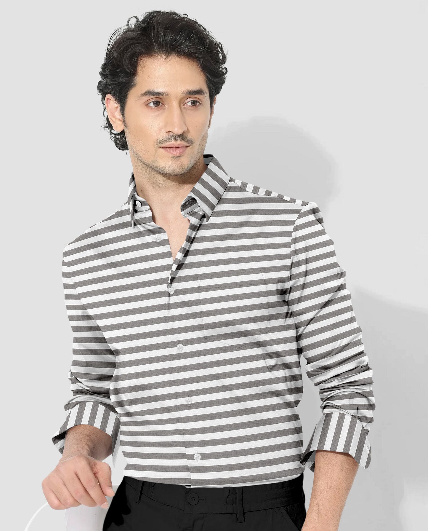 White and Charcoal Black Stripes Premium Cotton Shirt- Plus Size Shirts in India