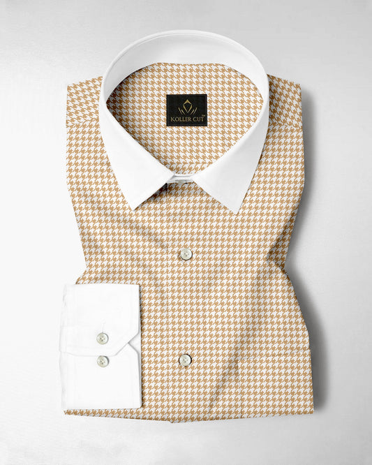 White With Latte Brown Hounds Tooth Checks Designer Cotton Shirt