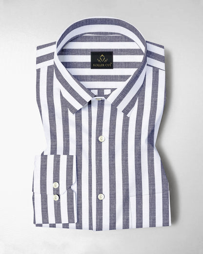 Porpoise Grey and Smoke White Awning Stripes Cotton Linen Shirt