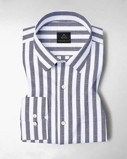 Porpoise Grey and Smoke White Awning Stripes Cotton Linen Shirt