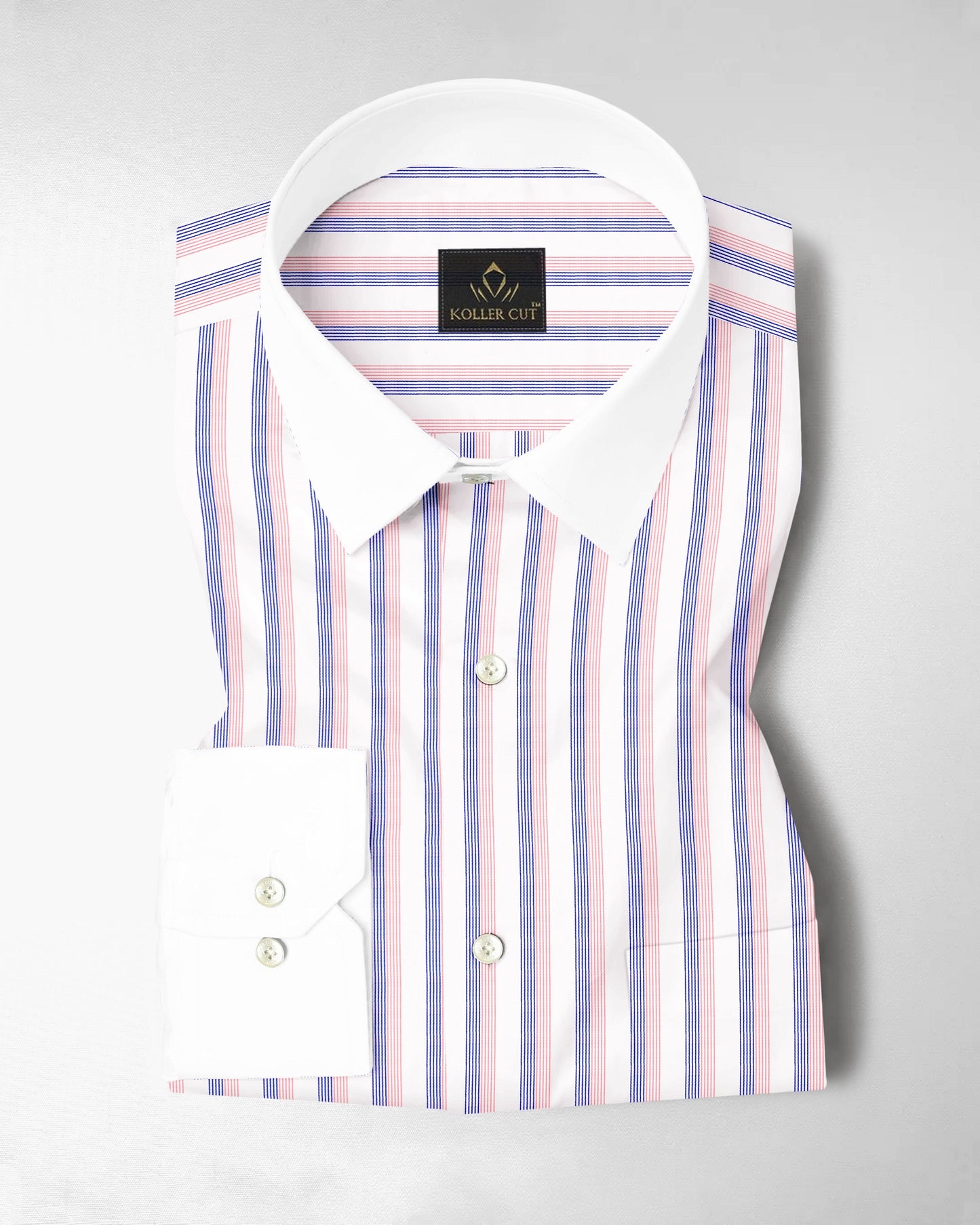 White with Coral Pink and Limoges Blue Pinstripes Designer Cotton Shirt