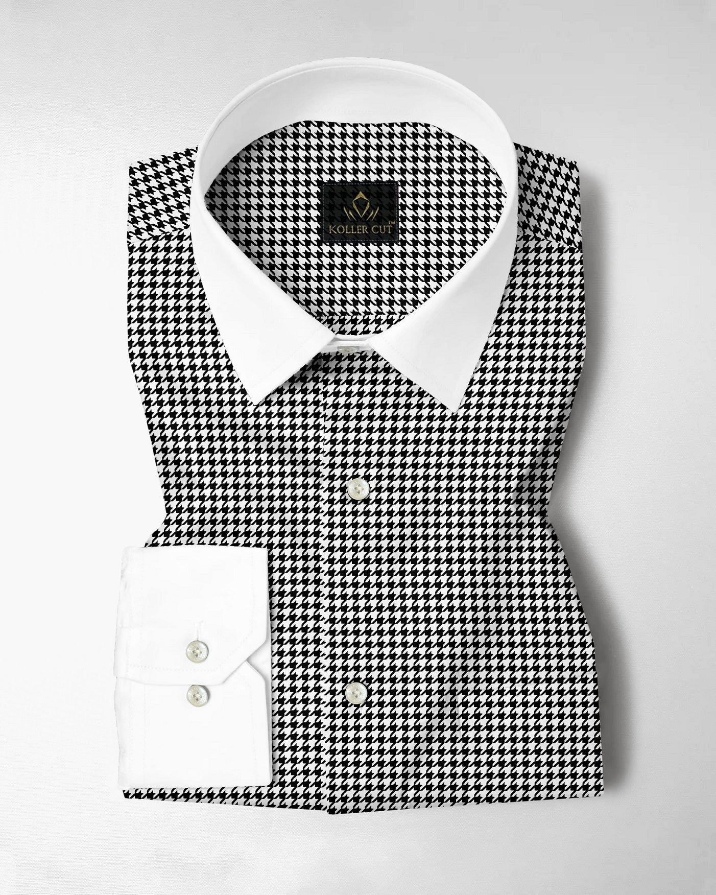 White and Jet Black Hounds Tooth Checks Designer Cotton Shirt  